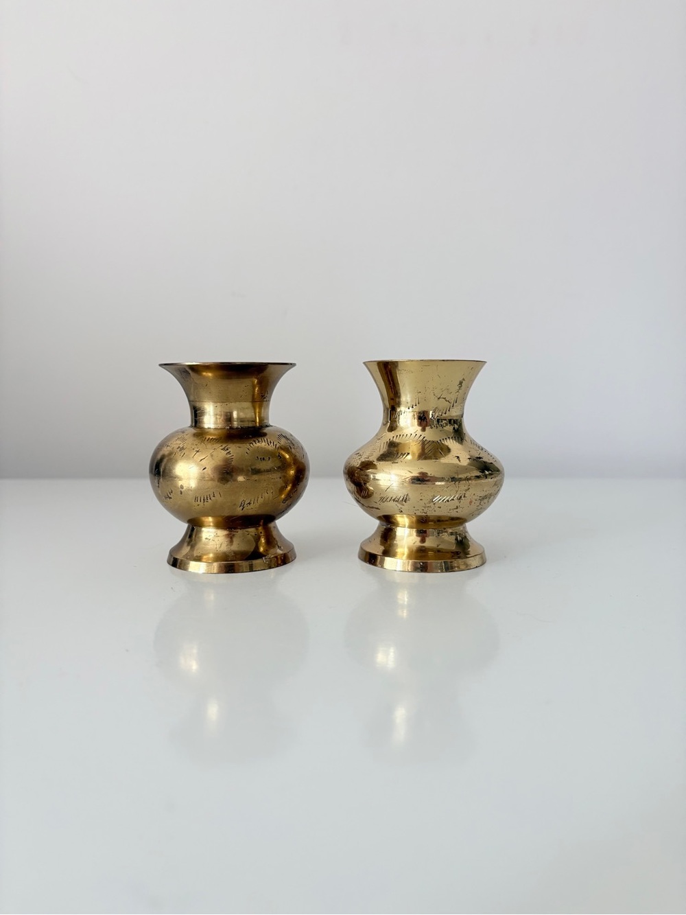 Two Small Brass Bud Vases Etched Solid Brass